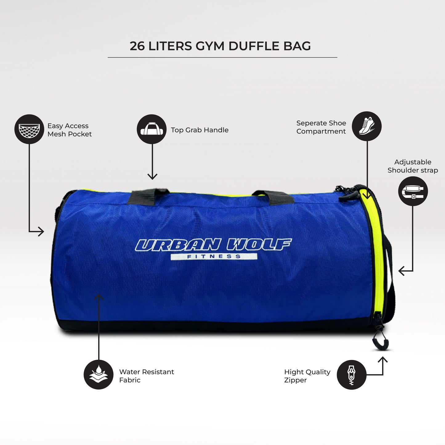 Urban Wolf 26L Gym Duffle Bag | Unisex Blue & Neon Green Zipper | Separate Shoe Compartment | Quick Access Pocket | Durable Polyester | Multi-Functional Sports & Travel Bag | Dimensions 49x23x23 cm