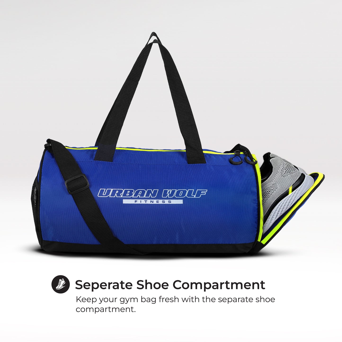 Urban Wolf 26L Gym Duffle Bag | Unisex Blue & Neon Green Zipper | Separate Shoe Compartment | Quick Access Pocket | Durable Polyester | Multi-Functional Sports & Travel Bag | Dimensions 49x23x23 cm