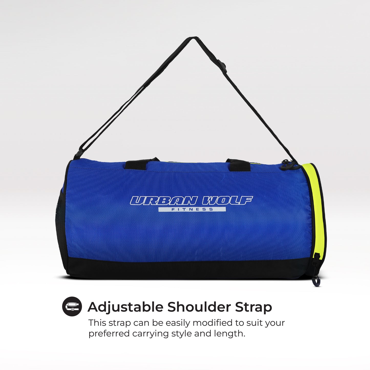 Urban Wolf 26L Gym Duffle Bag | Unisex Blue & Neon Green Zipper | Separate Shoe Compartment | Quick Access Pocket | Durable Polyester | Multi-Functional Sports & Travel Bag | Dimensions 49x23x23 cm