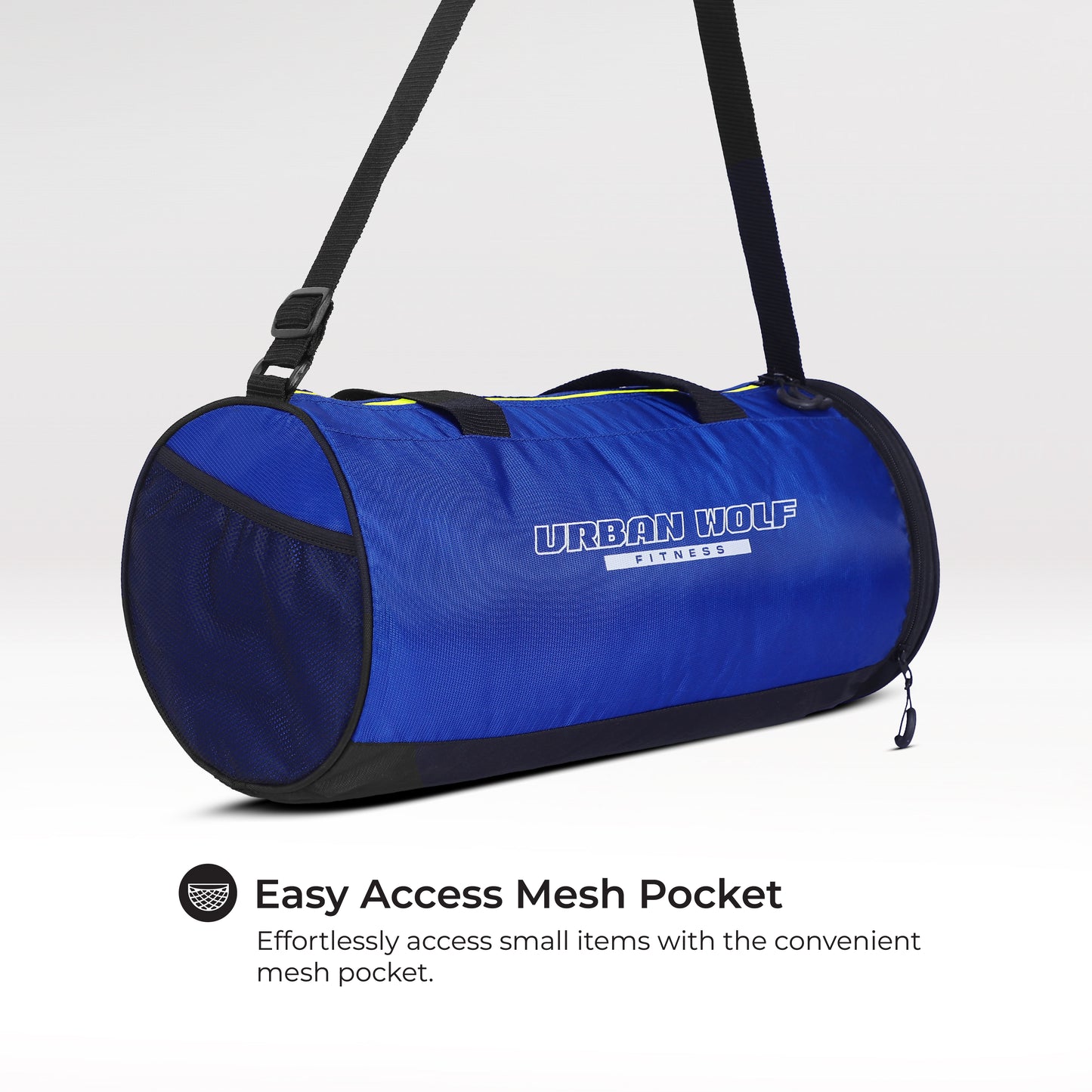 Urban Wolf 26L Gym Duffle Bag | Unisex Blue & Neon Green Zipper | Separate Shoe Compartment | Quick Access Pocket | Durable Polyester | Multi-Functional Sports & Travel Bag | Dimensions 49x23x23 cm