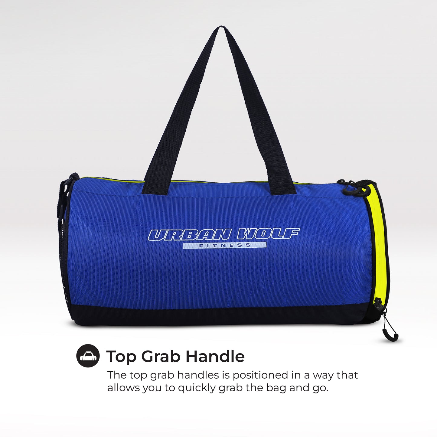 Urban Wolf 26L Gym Duffle Bag | Unisex Blue & Neon Green Zipper | Separate Shoe Compartment | Quick Access Pocket | Durable Polyester | Multi-Functional Sports & Travel Bag | Dimensions 49x23x23 cm