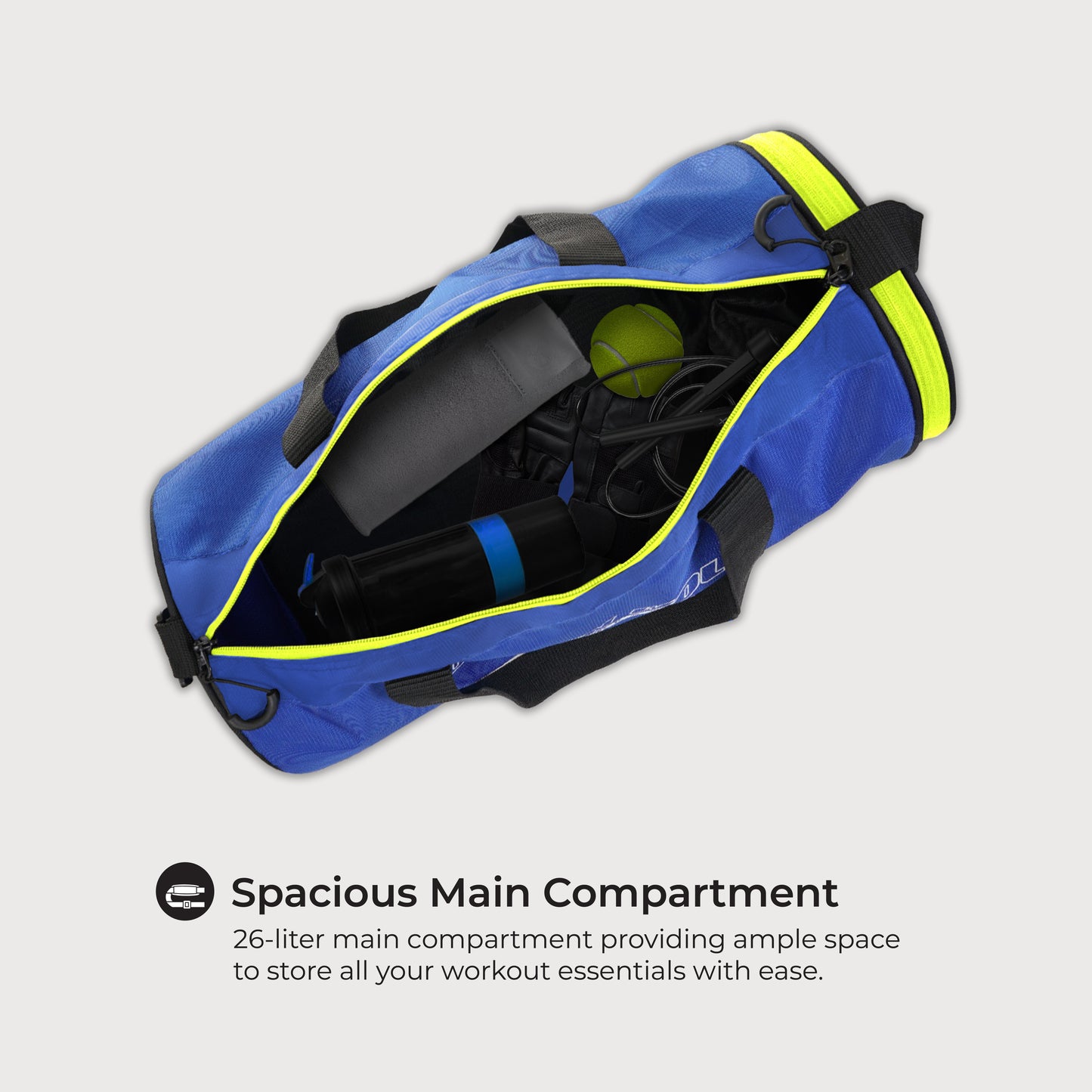 Urban Wolf 26L Gym Duffle Bag | Unisex Blue & Neon Green Zipper | Separate Shoe Compartment | Quick Access Pocket | Durable Polyester | Multi-Functional Sports & Travel Bag | Dimensions 49x23x23 cm