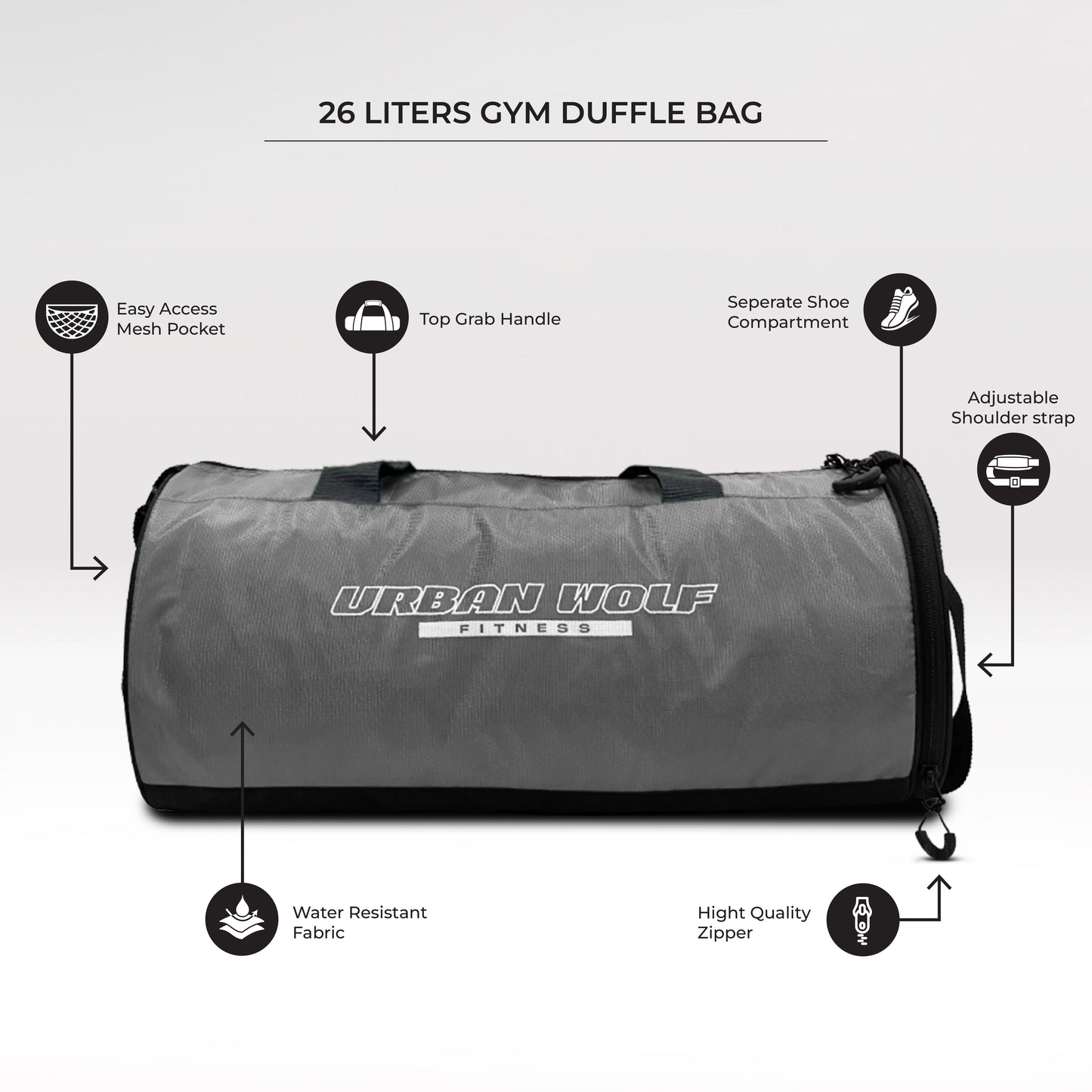 Urban Wolf 26L Gym Duffle Bag | Unisex Grey | Separate Shoe Compartment | Quick Access Pocket | Durable Polyester | Multi-Functional Sports & Travel Bag | Dimensions 49x23x23 cm