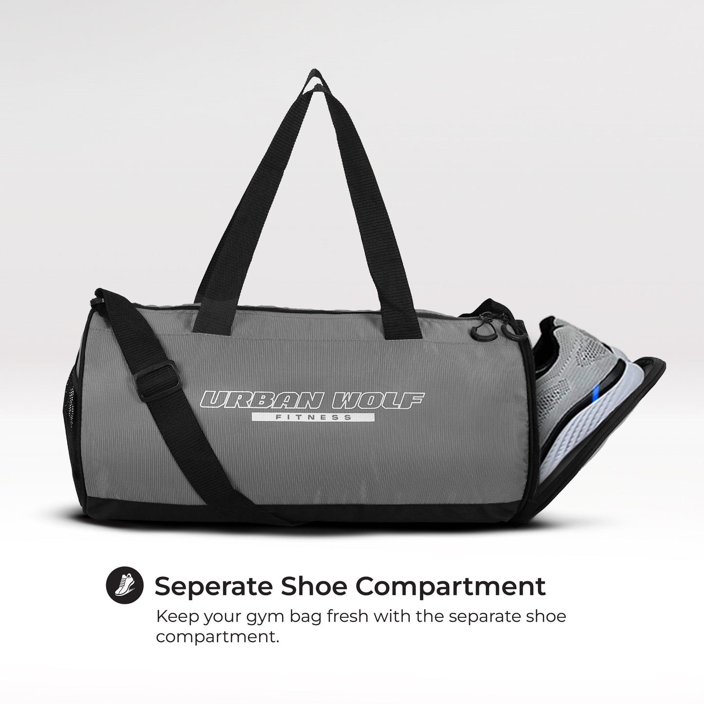 Urban Wolf 26L Gym Duffle Bag | Unisex Grey | Separate Shoe Compartment | Quick Access Pocket | Durable Polyester | Multi-Functional Sports & Travel Bag | Dimensions 49x23x23 cm
