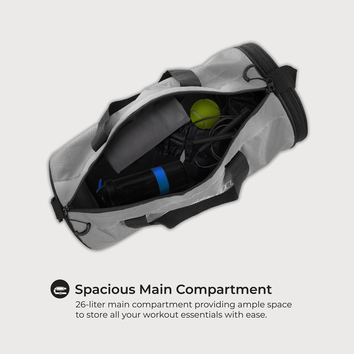 Urban Wolf 26L Gym Duffle Bag | Unisex Grey | Separate Shoe Compartment | Quick Access Pocket | Durable Polyester | Multi-Functional Sports & Travel Bag | Dimensions 49x23x23 cm