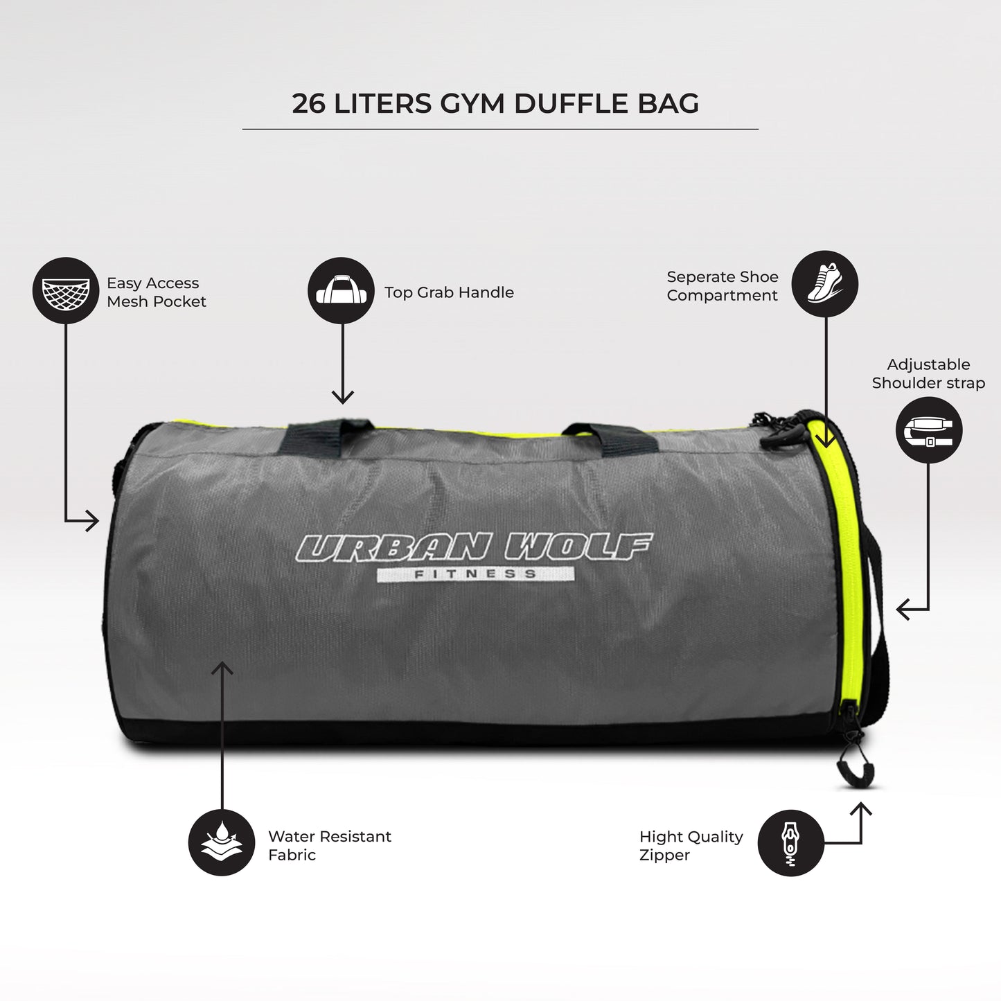 Urban Wolf 26L Gym Duffle Bag | Unisex Grey & Green Zipper | Separate Shoe Compartment | Quick Access Pocket | Durable Polyester | Multi-Functional Sports & Travel Bag | Dimensions 49x23x23 cm