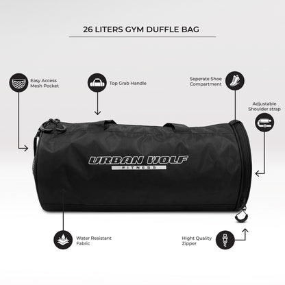 Urban Wolf 26L Gym Duffle Bag | Unisex Black | Separate Shoe Compartment | Quick Access Pocket | Durable Polyester | Multi-Functional Sports & Travel Bag | Dimensions 49x23x23 cm