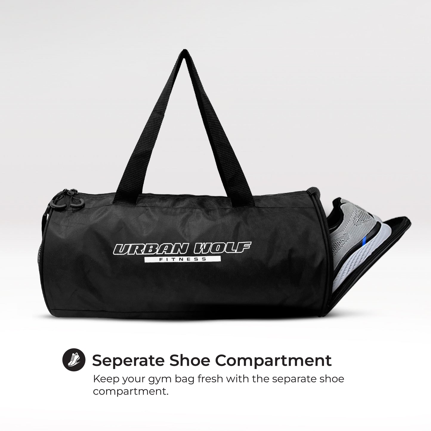 Urban Wolf 26L Gym Duffle Bag | Unisex Black | Separate Shoe Compartment | Quick Access Pocket | Durable Polyester | Multi-Functional Sports & Travel Bag | Dimensions 49x23x23 cm