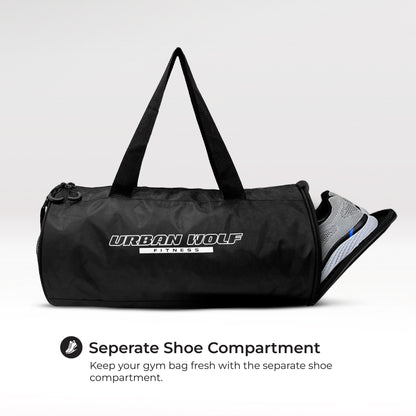 Urban Wolf 26L Gym Duffle Bag | Unisex Black | Separate Shoe Compartment | Quick Access Pocket | Durable Polyester | Multi-Functional Sports & Travel Bag | Dimensions 49x23x23 cm