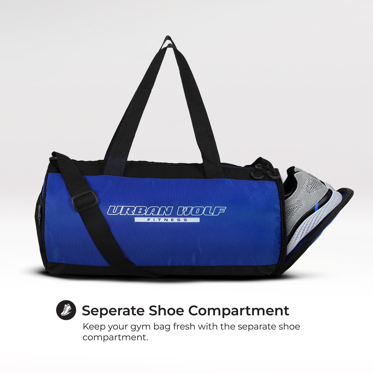 Urban Wolf 26L Gym Duffle Bag | Unisex Blue & Black | Separate Shoe Compartment | Quick Access Pocket | Durable Polyester | Multi-Functional Sports & Travel Bag | Dimensions 49x23x23 cm