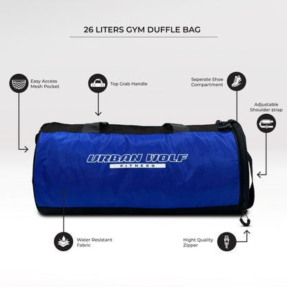 Urban Wolf 26L Gym Duffle Bag | Unisex Blue & Black | Separate Shoe Compartment | Quick Access Pocket | Durable Polyester | Multi-Functional Sports & Travel Bag | Dimensions 49x23x23 cm