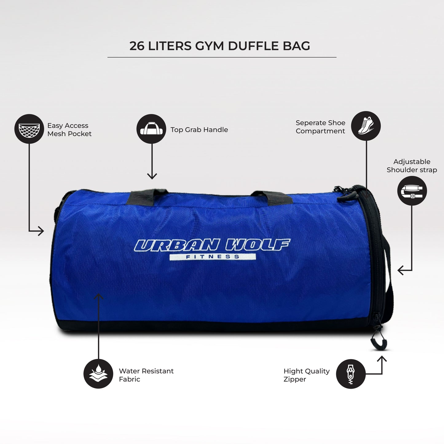 Urban Wolf 26L Gym Duffle Bag | Unisex Blue | Separate Shoe Compartment | Quick Access Pocket | Durable Polyester | Multi-Functional Sports & Travel Bag | Dimensions 49x23x23 cm