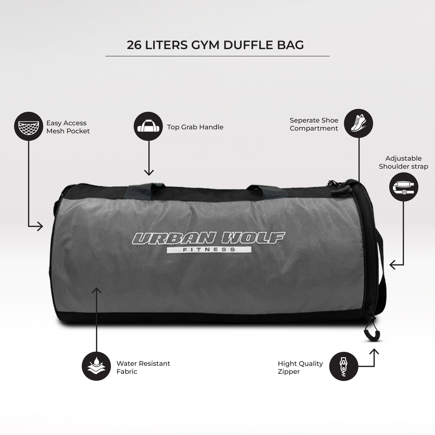 Urban Wolf 26L Gym Duffle Bag | Unisex Grey & Black | Separate Shoe Compartment | Quick Access Pocket | Durable Polyester | Multi-Functional Sports & Travel Bag | Dimensions 49x23x23 cm