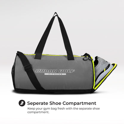 Urban Wolf 26L Gym Duffle Bag | Unisex Grey & Green Zipper | Separate Shoe Compartment | Quick Access Pocket | Durable Polyester | Multi-Functional Sports & Travel Bag | Dimensions 49x23x23 cm