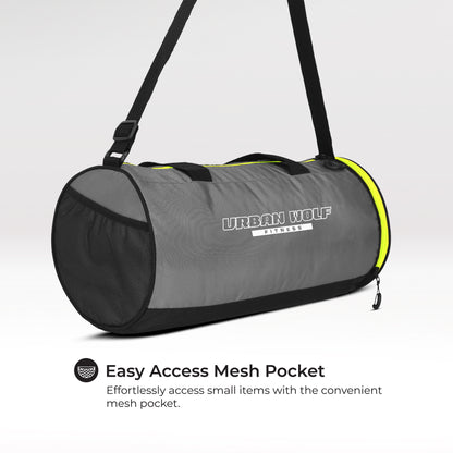 Urban Wolf 26L Gym Duffle Bag | Unisex Grey & Green Zipper | Separate Shoe Compartment | Quick Access Pocket | Durable Polyester | Multi-Functional Sports & Travel Bag | Dimensions 49x23x23 cm