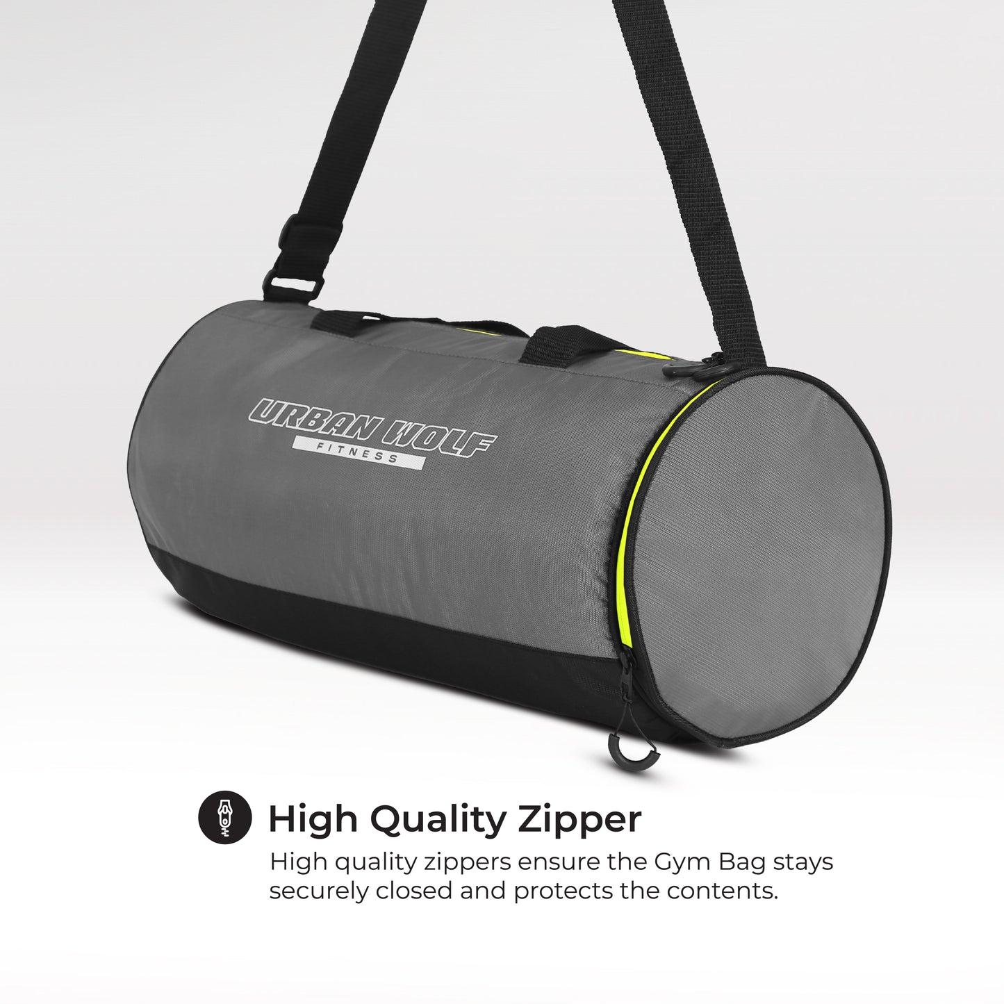 Urban Wolf 26L Gym Duffle Bag | Unisex Grey & Green Zipper | Separate Shoe Compartment | Quick Access Pocket | Durable Polyester | Multi-Functional Sports & Travel Bag | Dimensions 49x23x23 cm